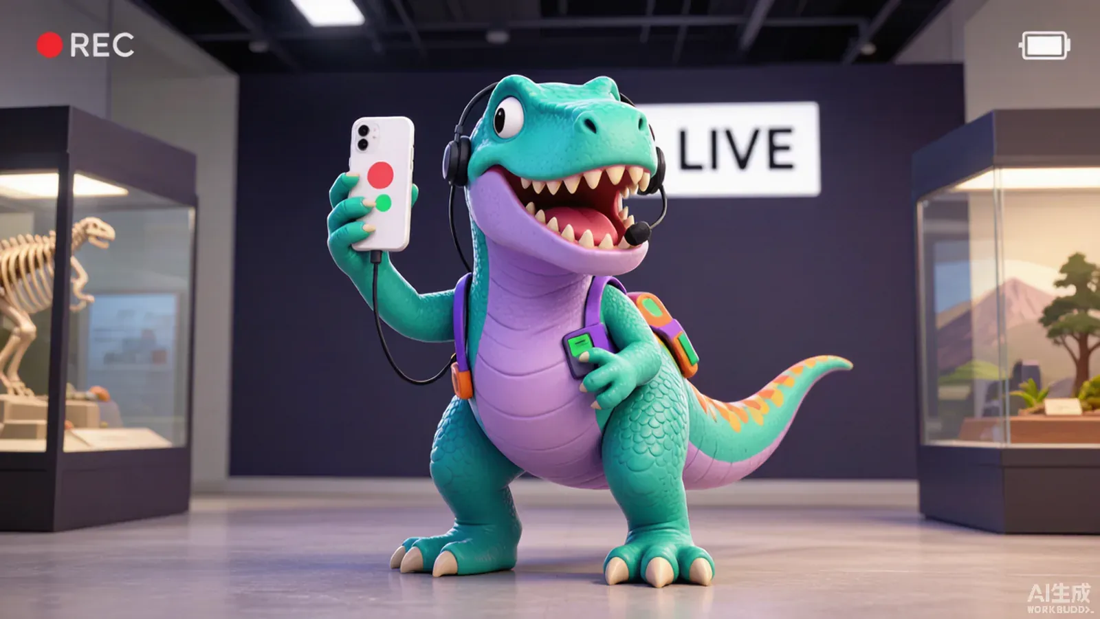 A stylized T. rex character holding a phone like a social media creator, illustrating the fossil given a personality.