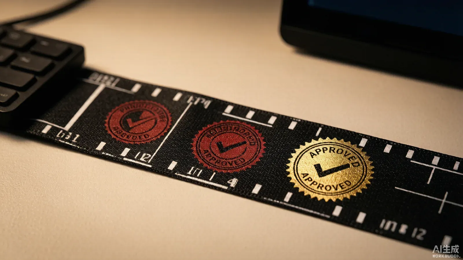 Three stamped approval seals on a video timeline ribbon representing producer, compliance, and client sign-off.