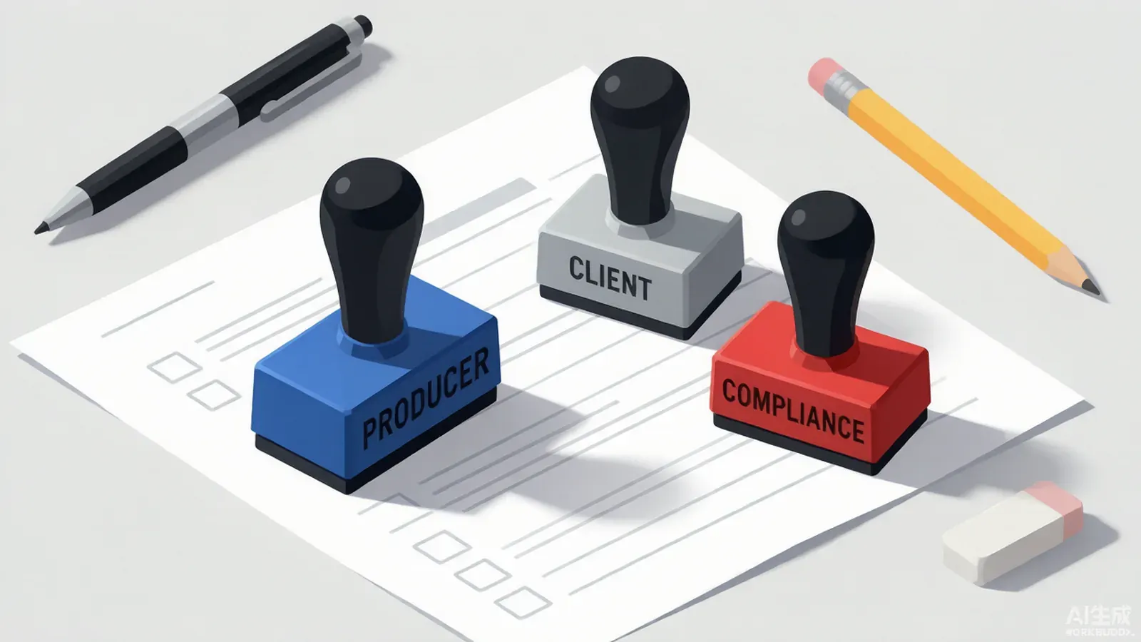 Three approval stamps for producer, compliance, and client on a video QC checklist sheet