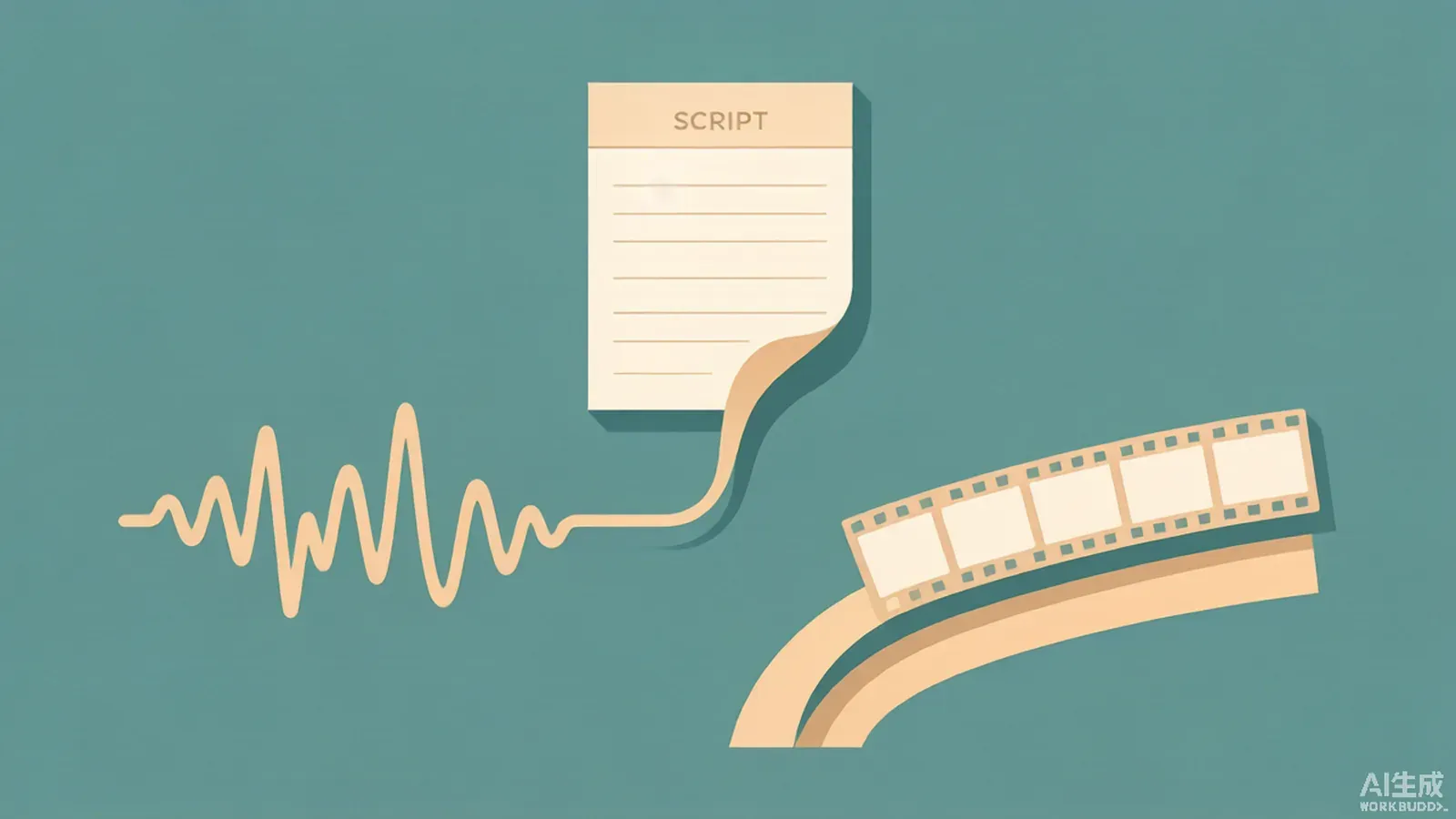 Diagram of a script page branching into an audio-led waveform path and a visually led filmstrip path with an empty description track