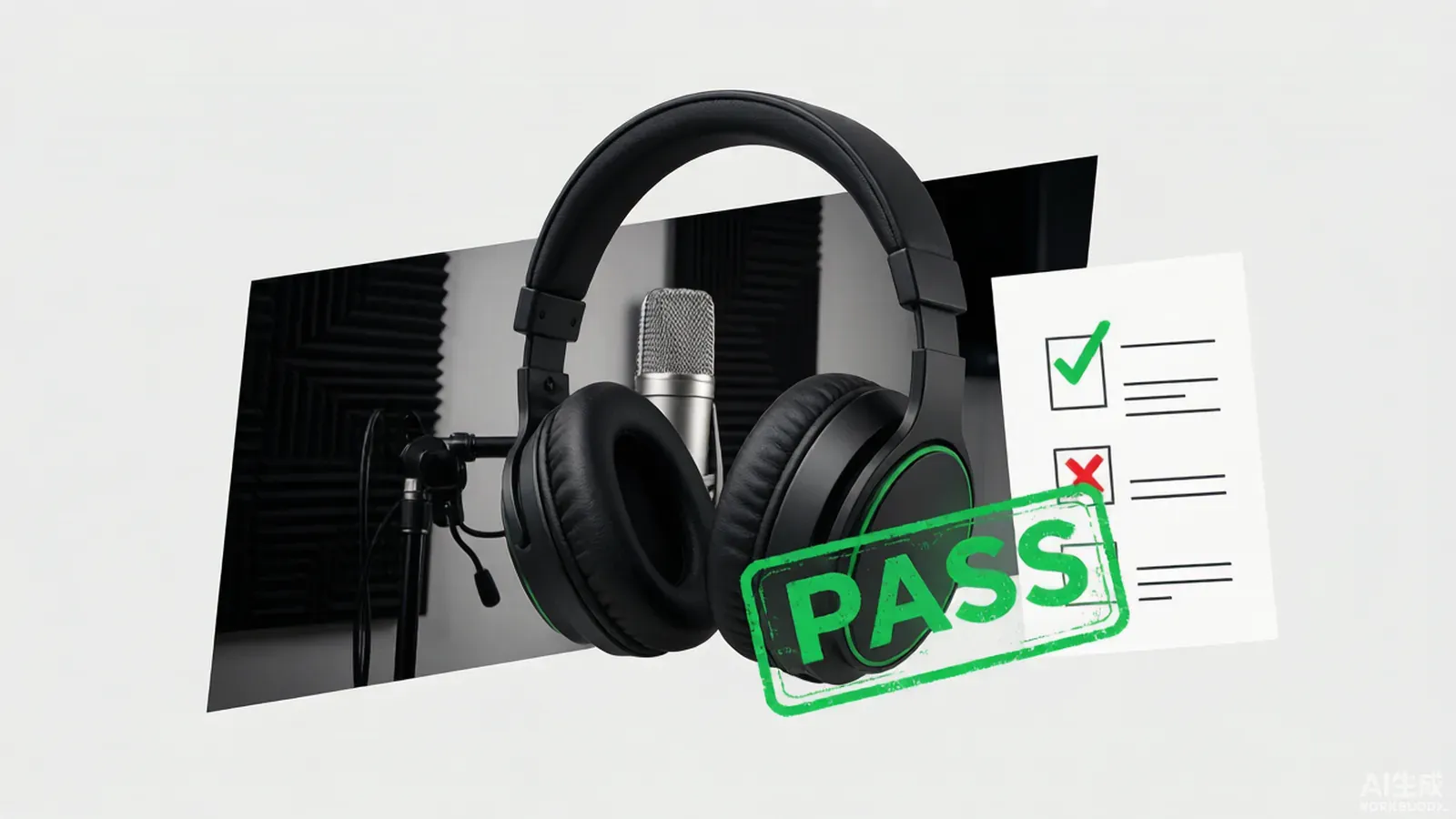 Headphones over a video clip marked with a green pass stamp and an audio checklist, representing the new audio QC gate.