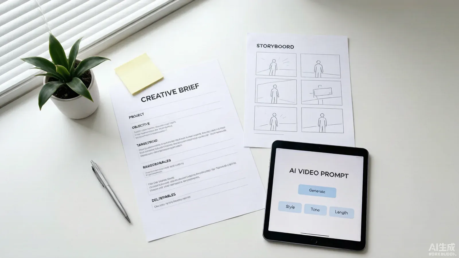A tidy desk flatlay with a printed creative brief, storyboard sketches, and a tablet displaying an AI video prompt, representing intent-first production.