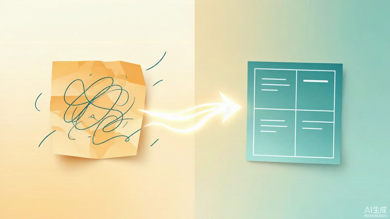 Illustration contrasting a vague crumpled note with a tidy structured brief card.