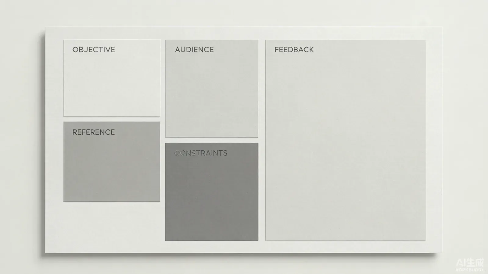 Minimalist mockup of a one-page creative brief template with labeled blocks.