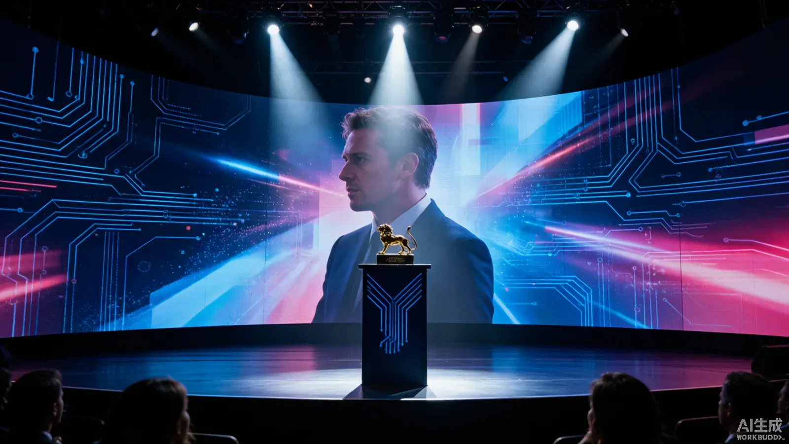 An awards stage with a screen displaying AI-generated film footage beside a lion trophy