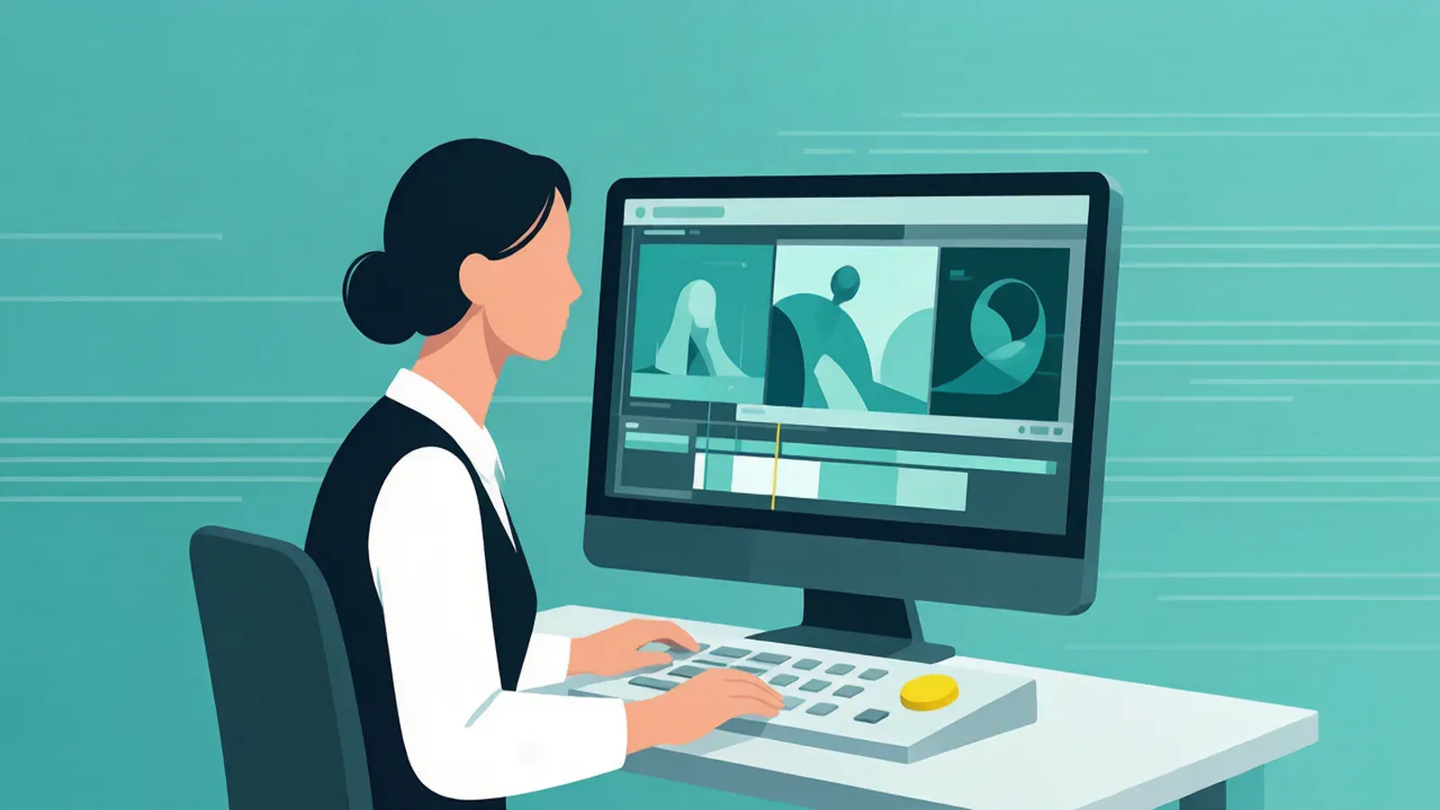 A human creative director reviewing AI-generated video frames on a monitor with a control panel.