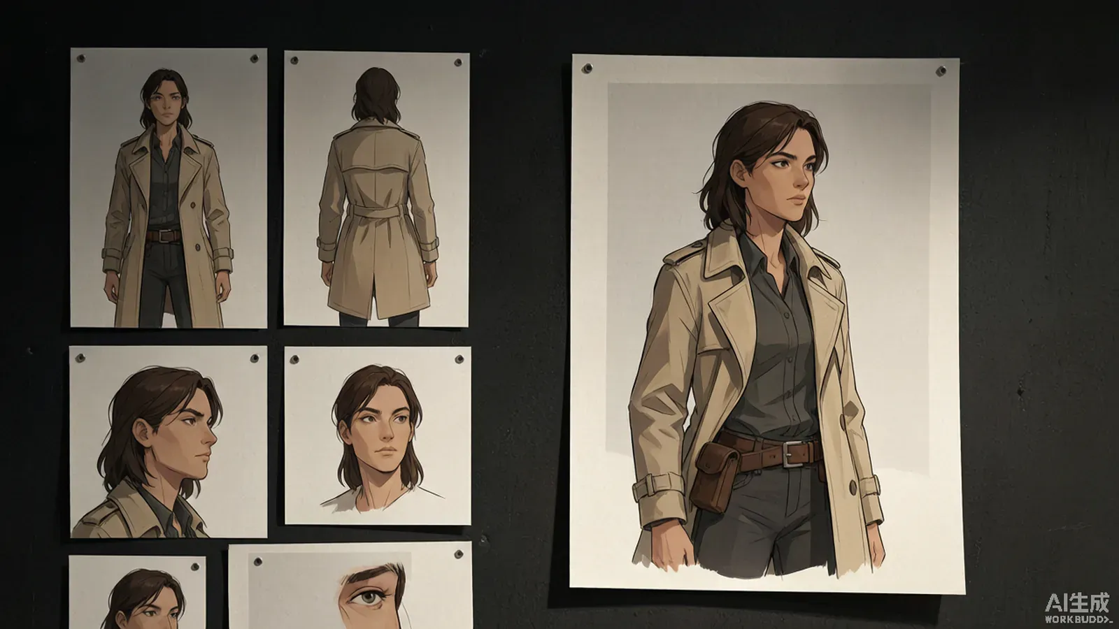 A character design sheet showing multiple angles of the same person on a studio wall