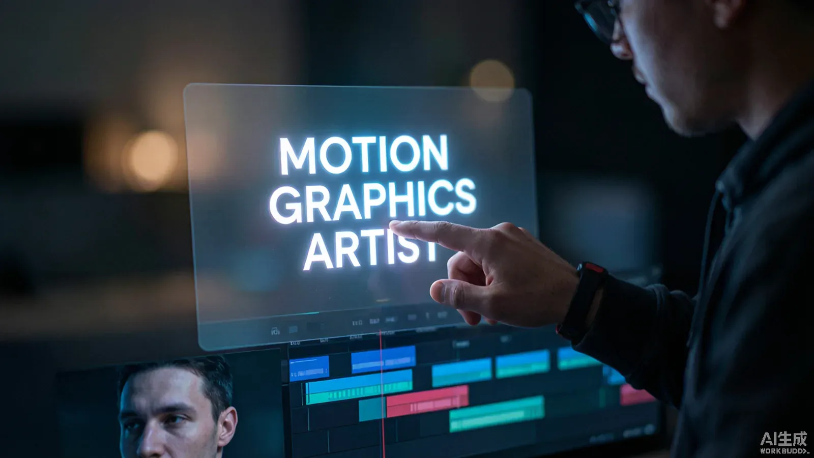 A motion graphics artist compositing clean text and a hand over a raw AI video layer in an editing timeline
