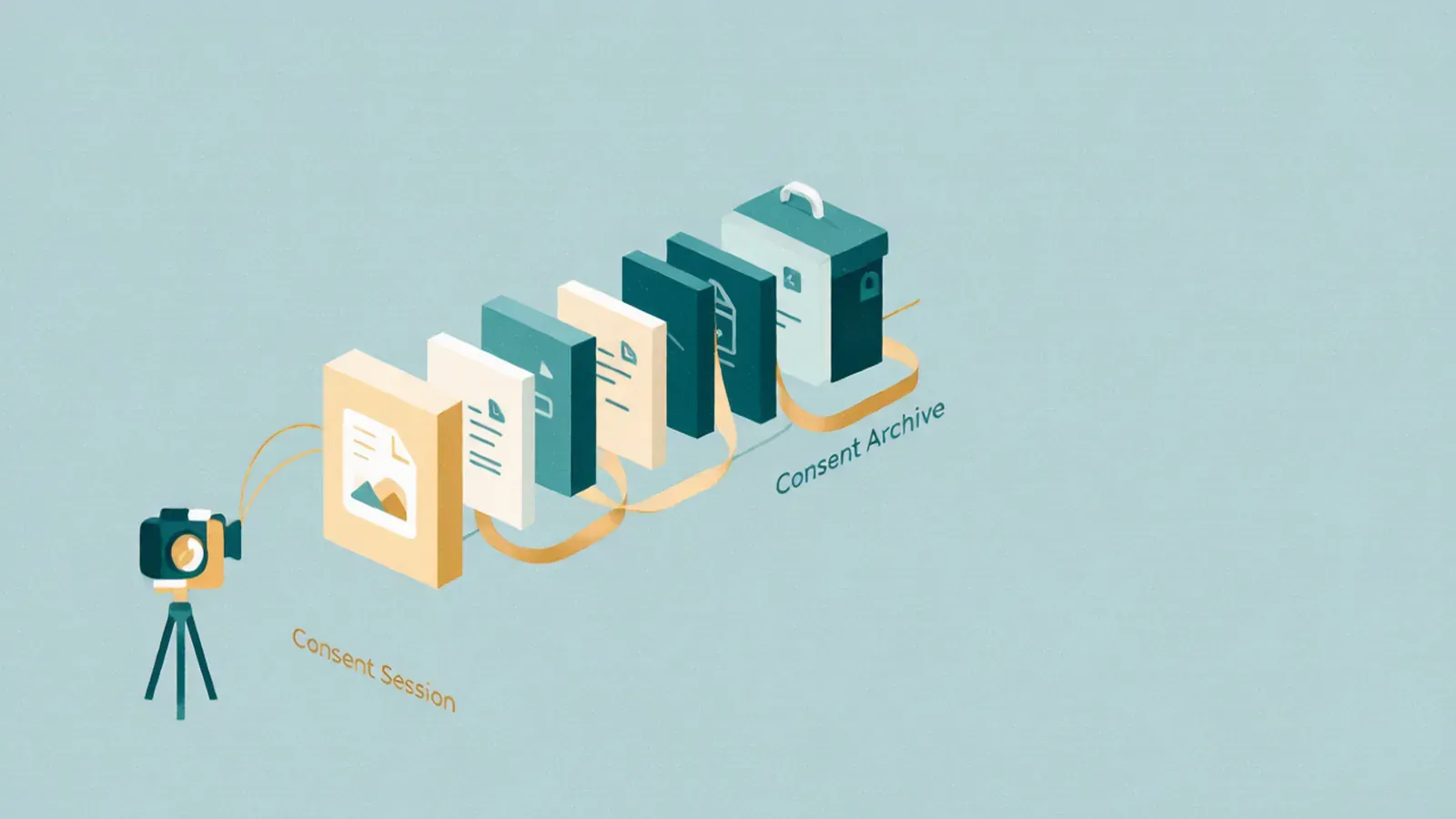 An isometric chain of five linked document tiles running from a capture session icon to a locked archive box