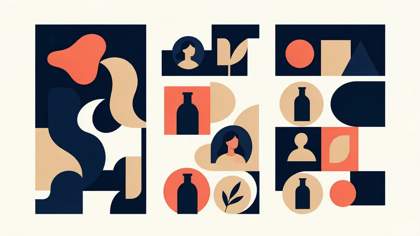 Three-column planning board illustration sorting abstract brand asset tokens into generated, composited and practical groups