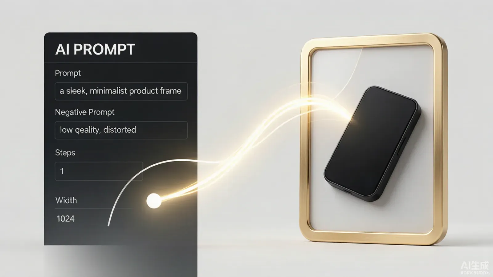 A split visual contrasting a bare AI prompt interface with a finished commercial frame linked by a craft line