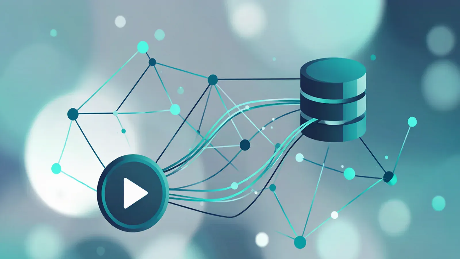 A play button node connected by data lines to a CRM database.