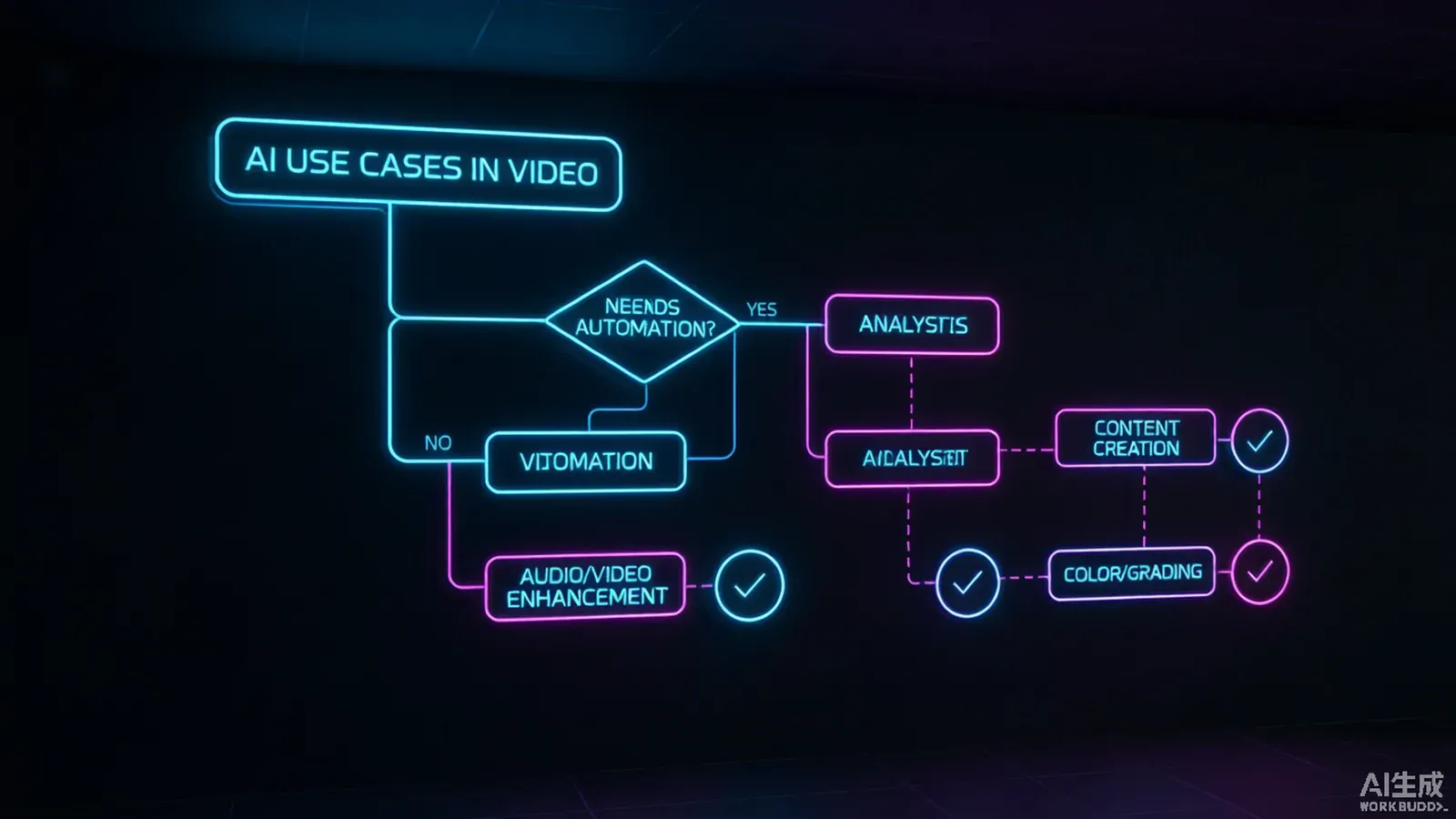 A glowing neon flowchart on a dark wall showing a branching decision tree for deciding AI use in video production.