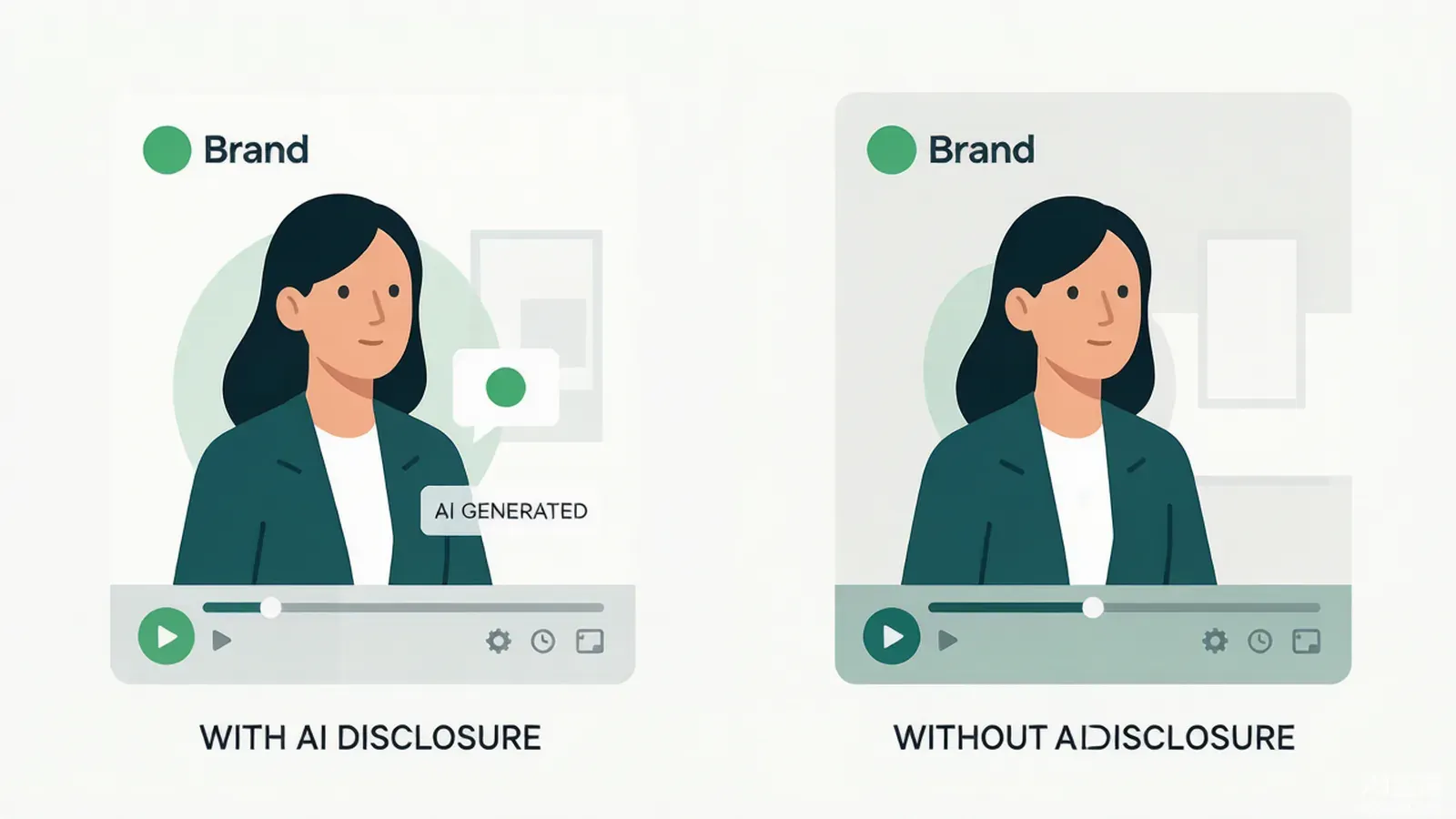 A split comparison of a brand video ad with and without an AI-generated disclosure badge