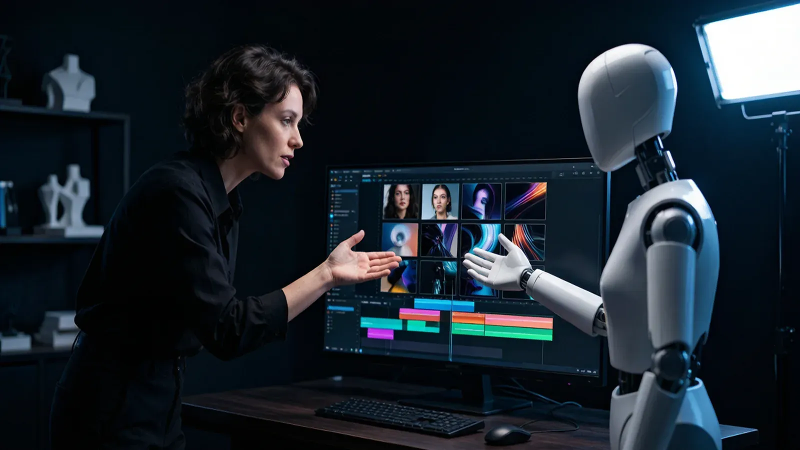 A human art director collaborating with an AI workstation over generated video frames