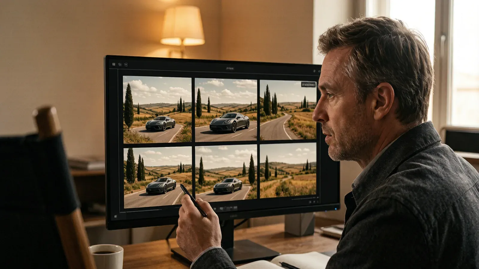 A director reviewing AI-generated storyboards of a sports car driving through Tuscany