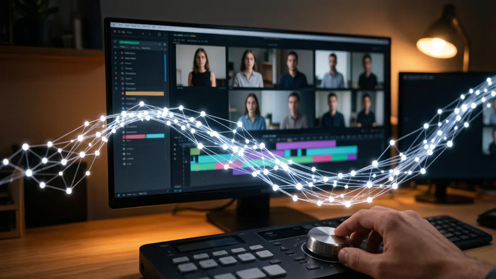 A human hand at an editing desk with a glowing neural network ribbon between monitors showing video frames
