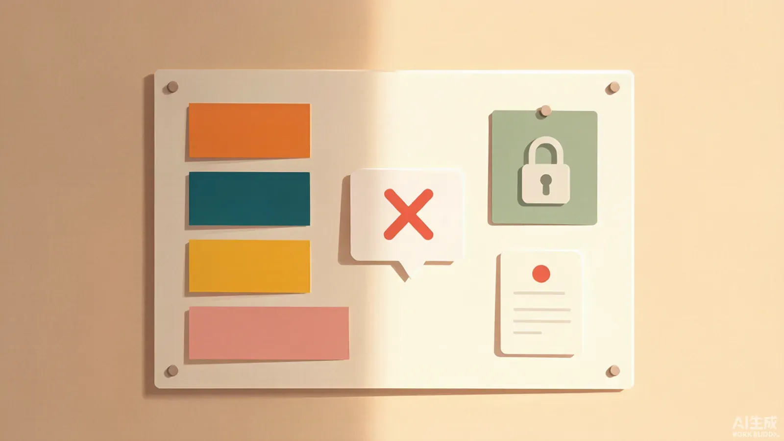 A shared governance board displaying brand colors, banned phrases, and compliance locks on a studio wall