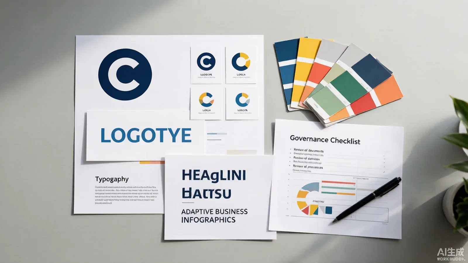 A top-down flat-lay of a brand asset kit with logo sheets, color swatches, and a printed governance checklist on a desk.