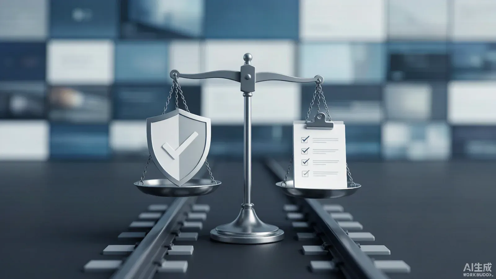 A balance scale of brand and compliance resting on rails leading to scaled video output