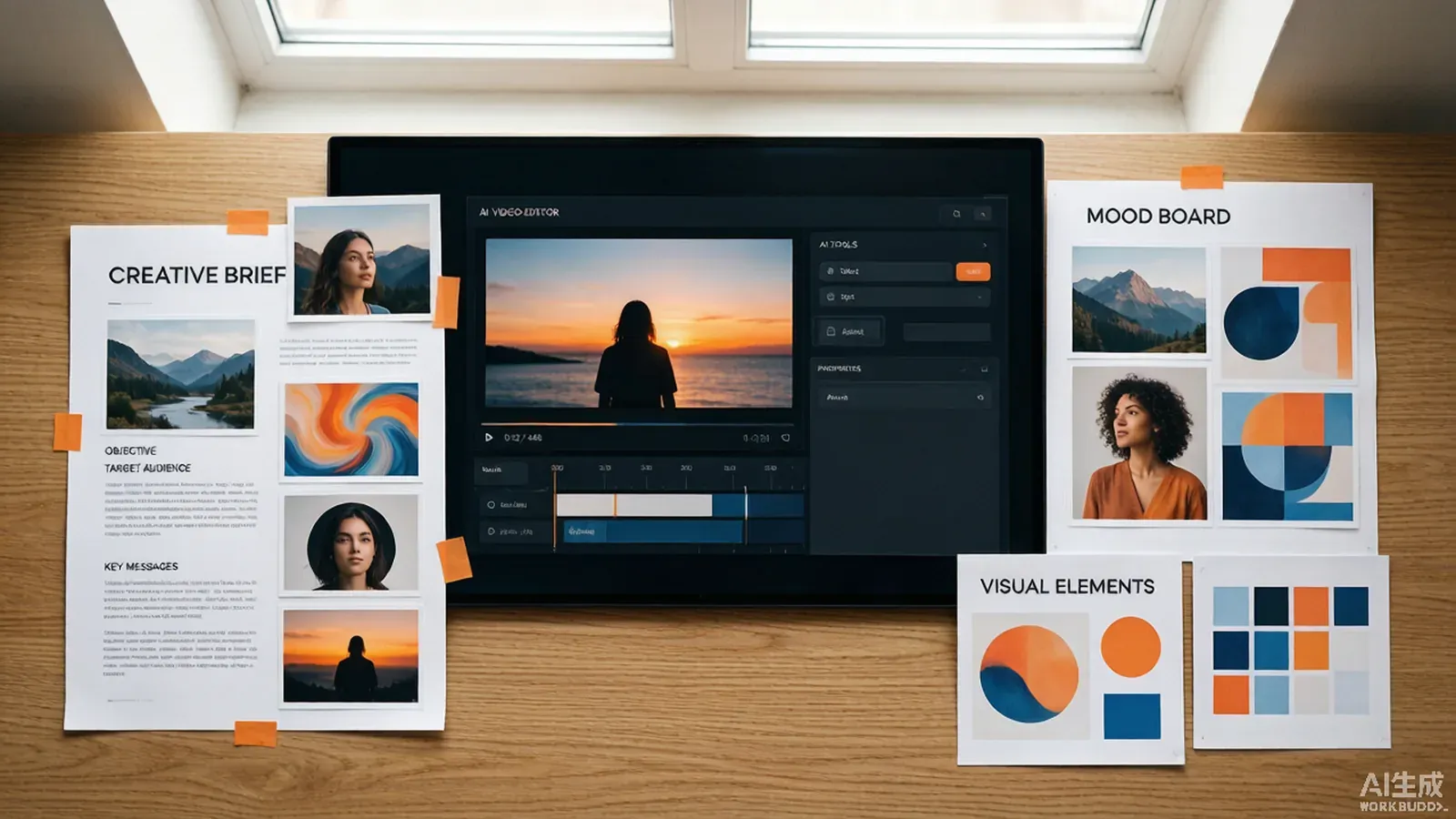 Overhead view of a creative brief and mood board beside a screen showing AI-generated video drafts