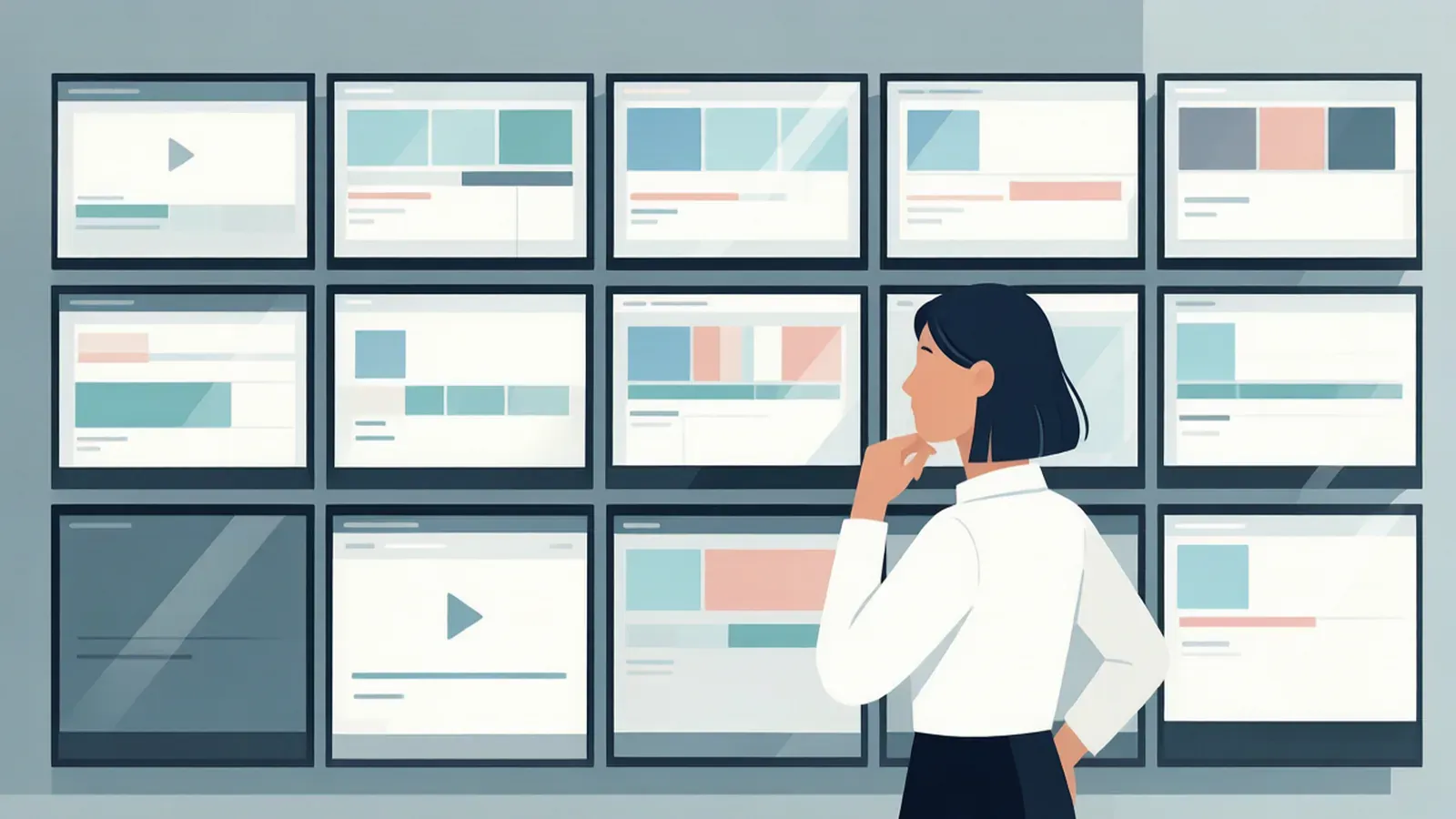 Flat vector of a human art director reviewing AI-generated video frames on a wall of screens