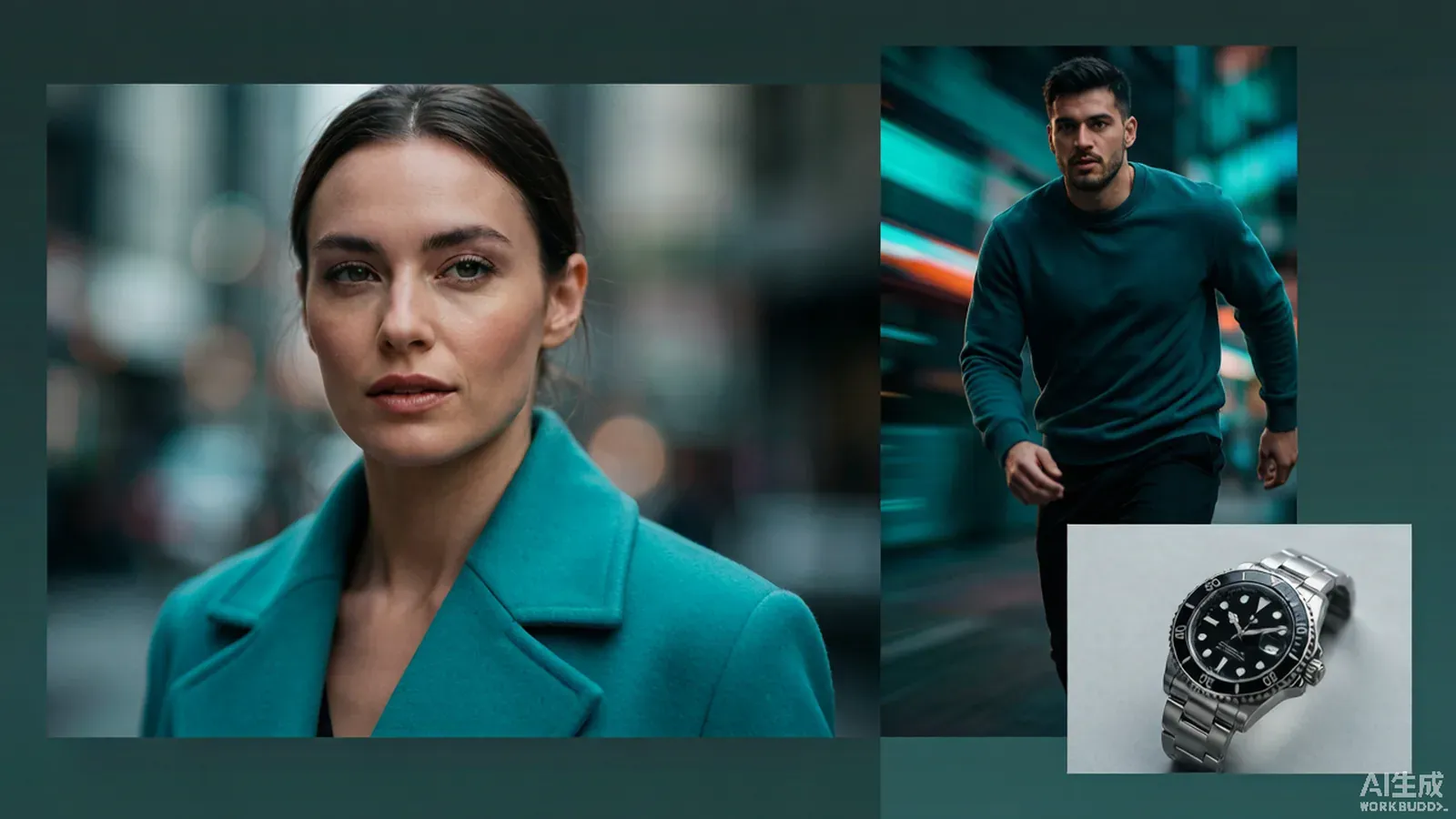 Three contrasted scenes showing a brand film, a social clip, and a product shot