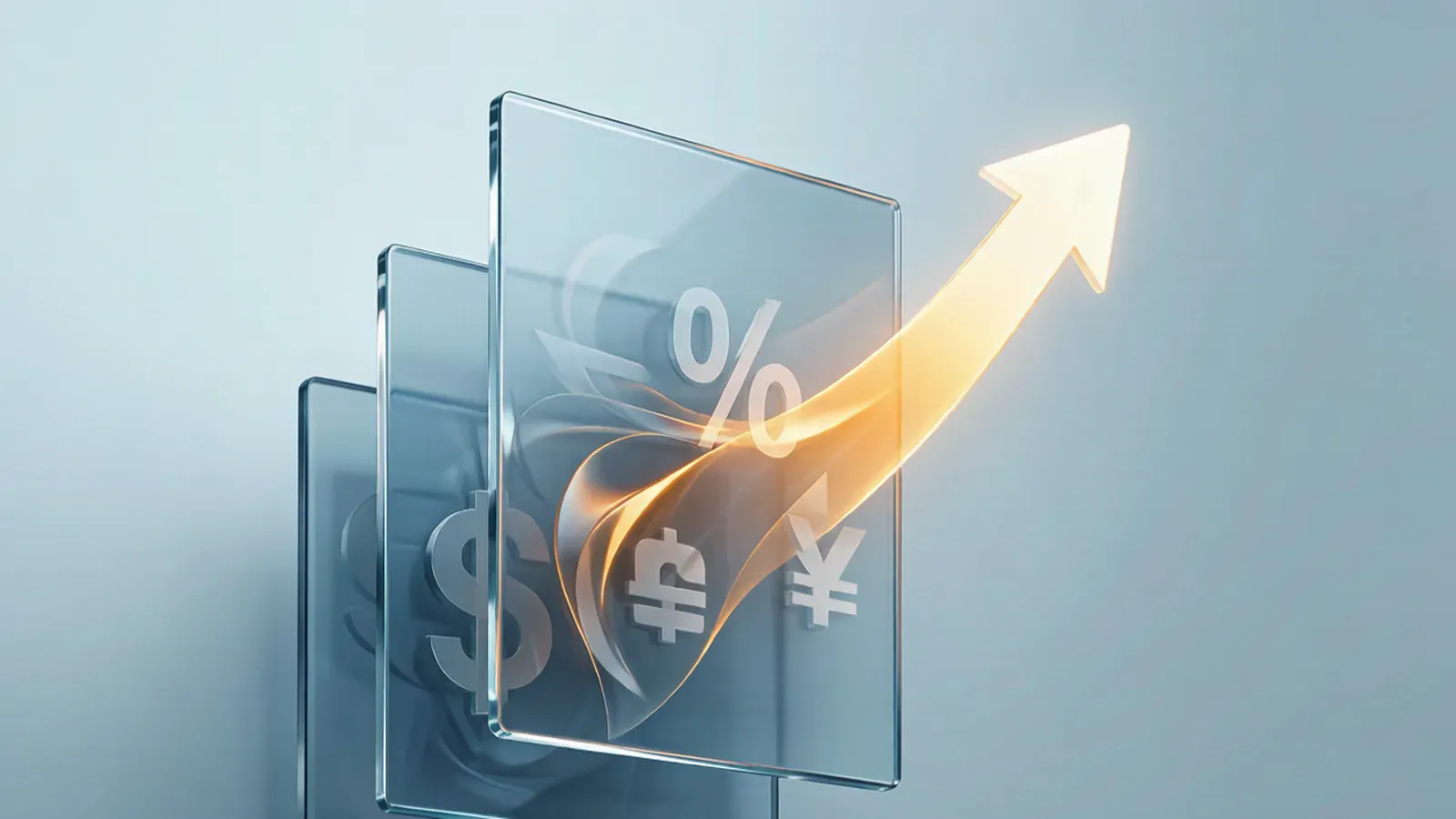 Stacked glass panels of metrics flowing into an upward revenue arrow.