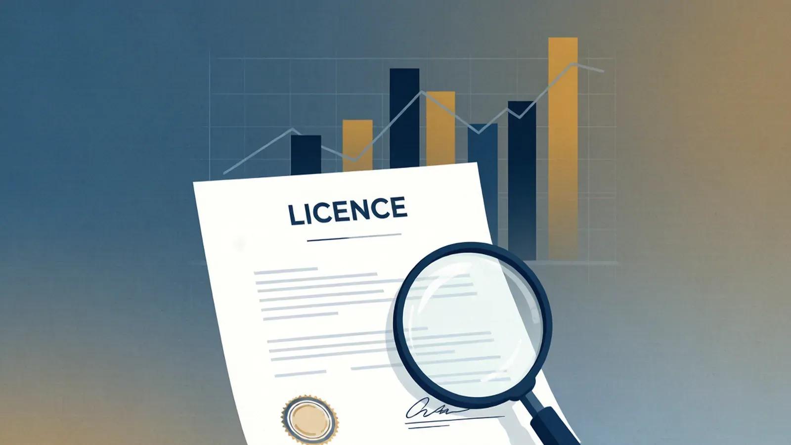 A licence document examined under a magnifying glass with a dimmed performance chart behind it