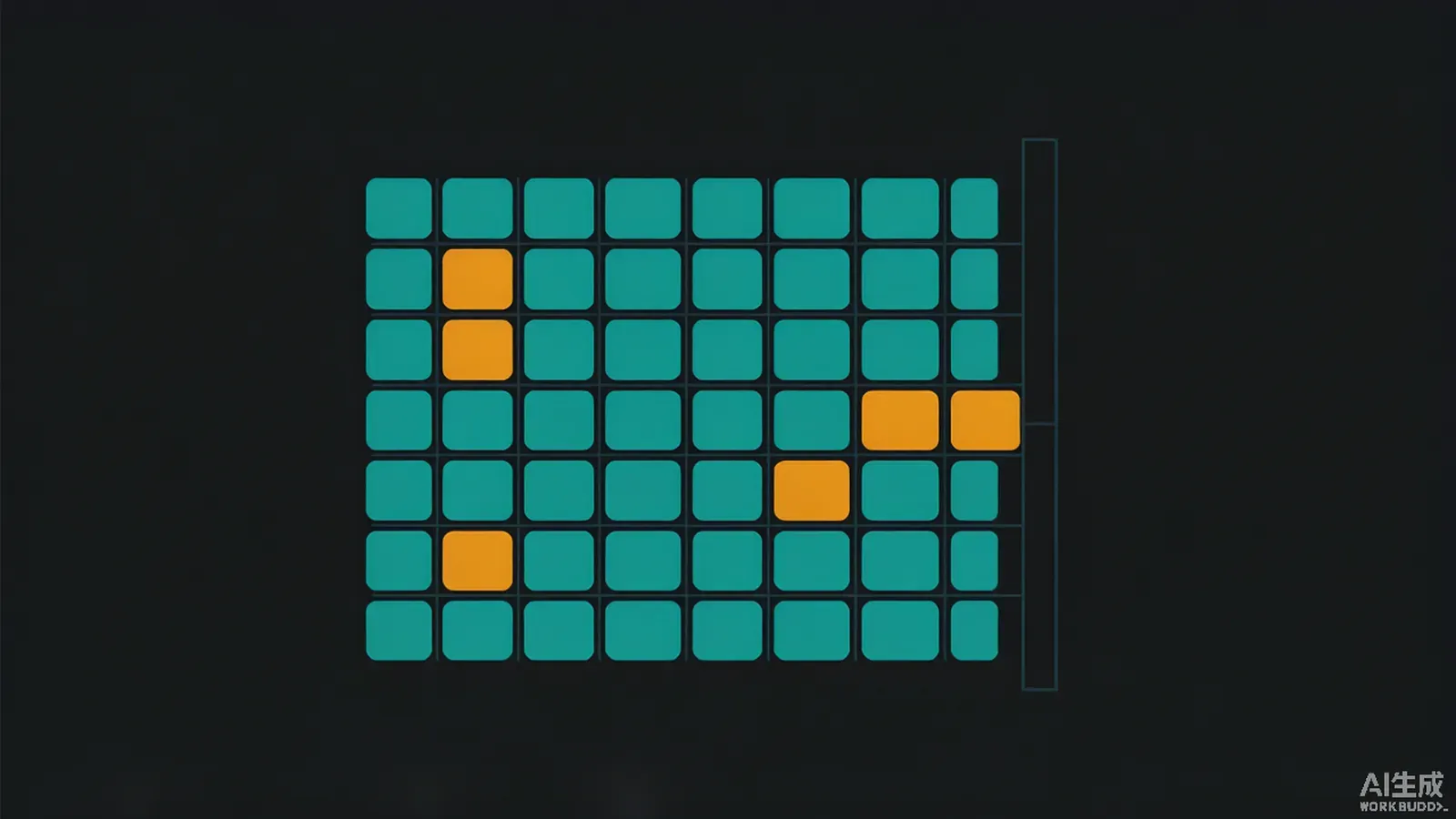 Grid matrix of small teal and amber squares feeding into a vertical gate bar
