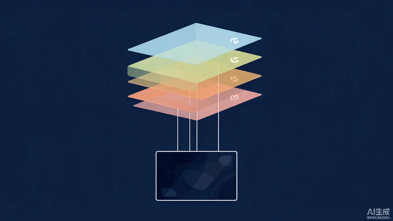 Four translucent coloured layers stacked in perspective above a single dark video frame
