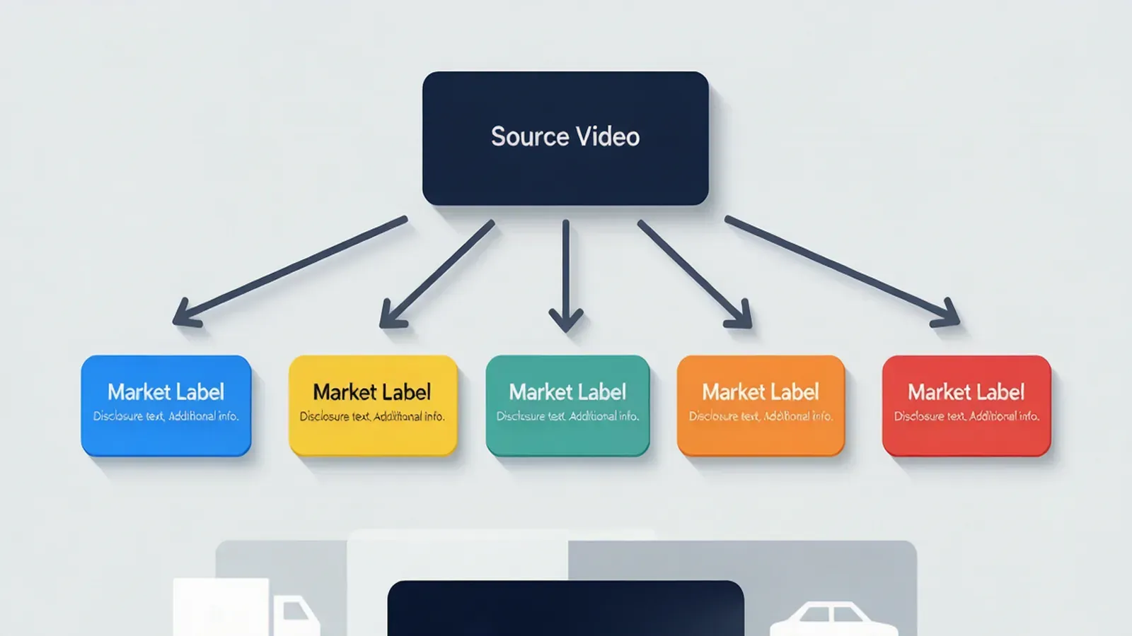 One source video branching into market-specific disclosure labels at a delivery gate