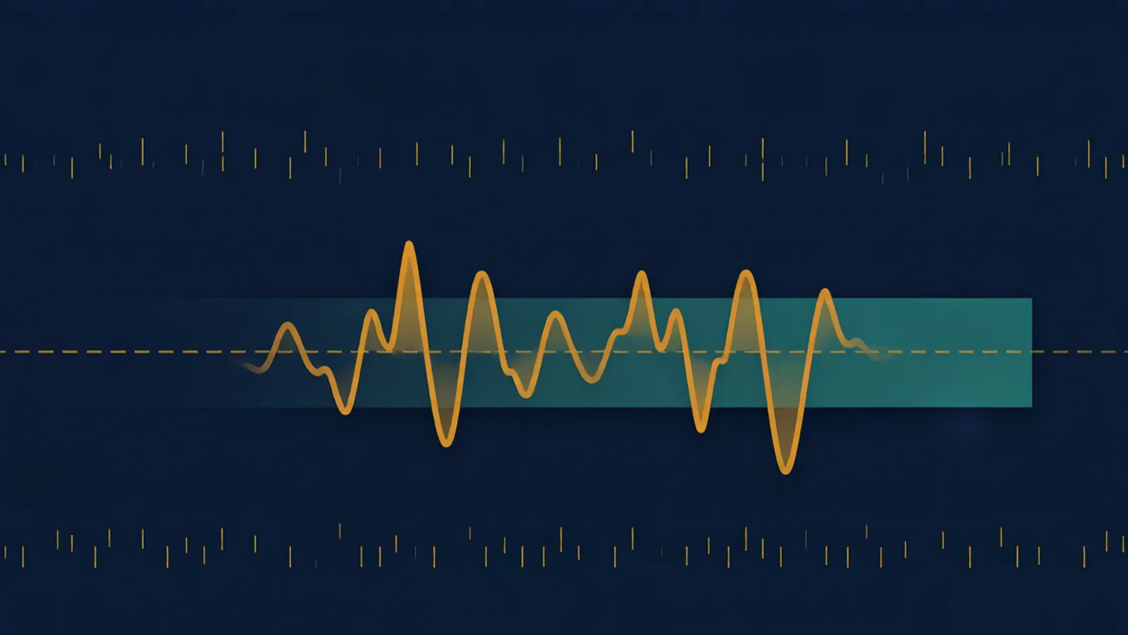 Minimal audio meter panel with a waveform band settling inside a narrow highlighted target zone marked by a dashed centre line