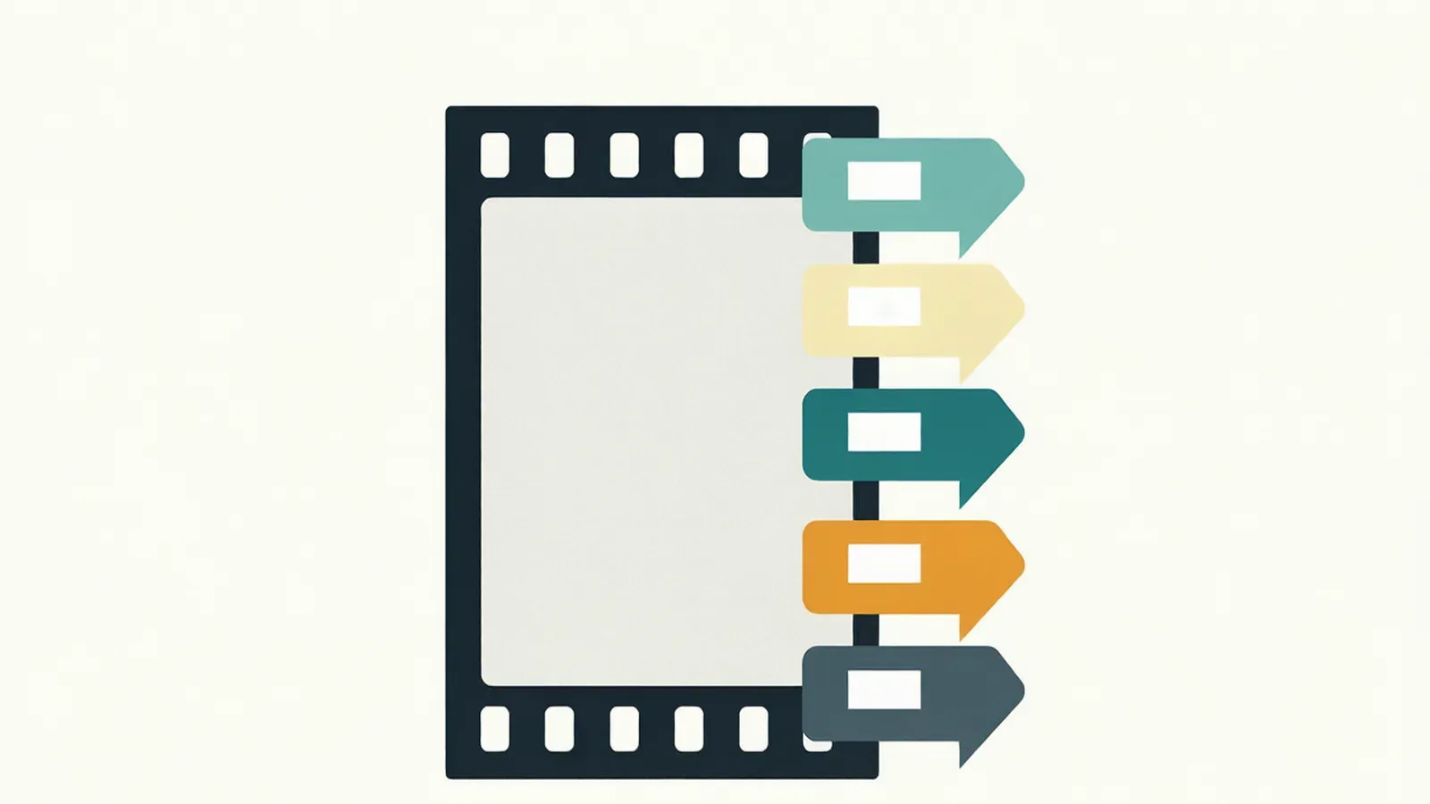 A film frame with five coloured metadata chips stacked beside it in a flat vector diagram