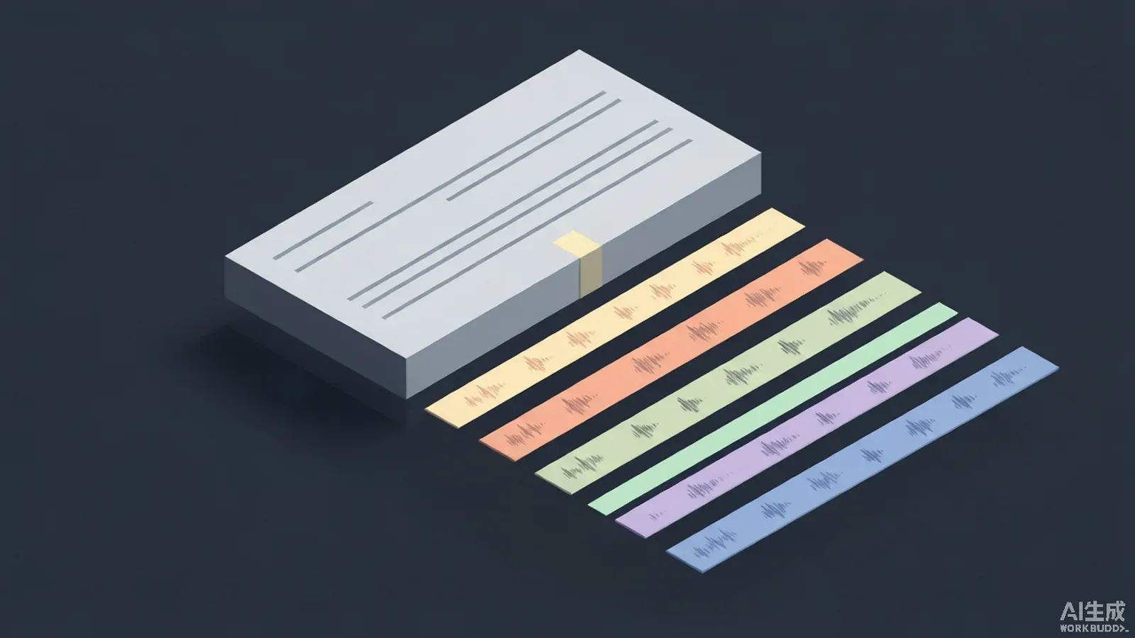 One video block above six parallel audio waveform strips of equal length, one highlighted