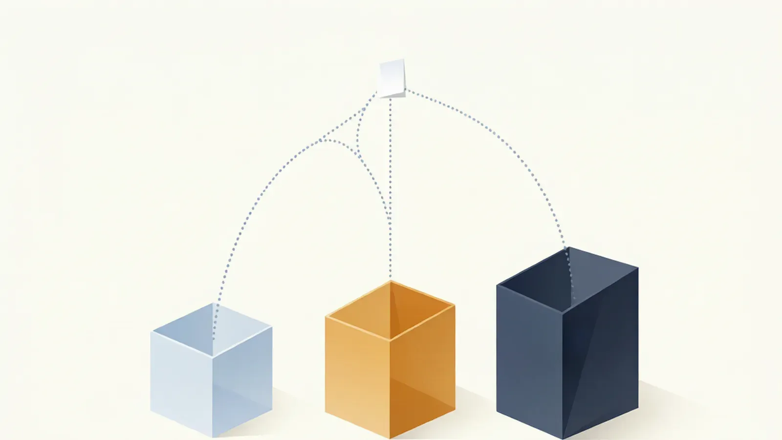 Illustration of review note cards being sorted along curved paths into three differently sized containers