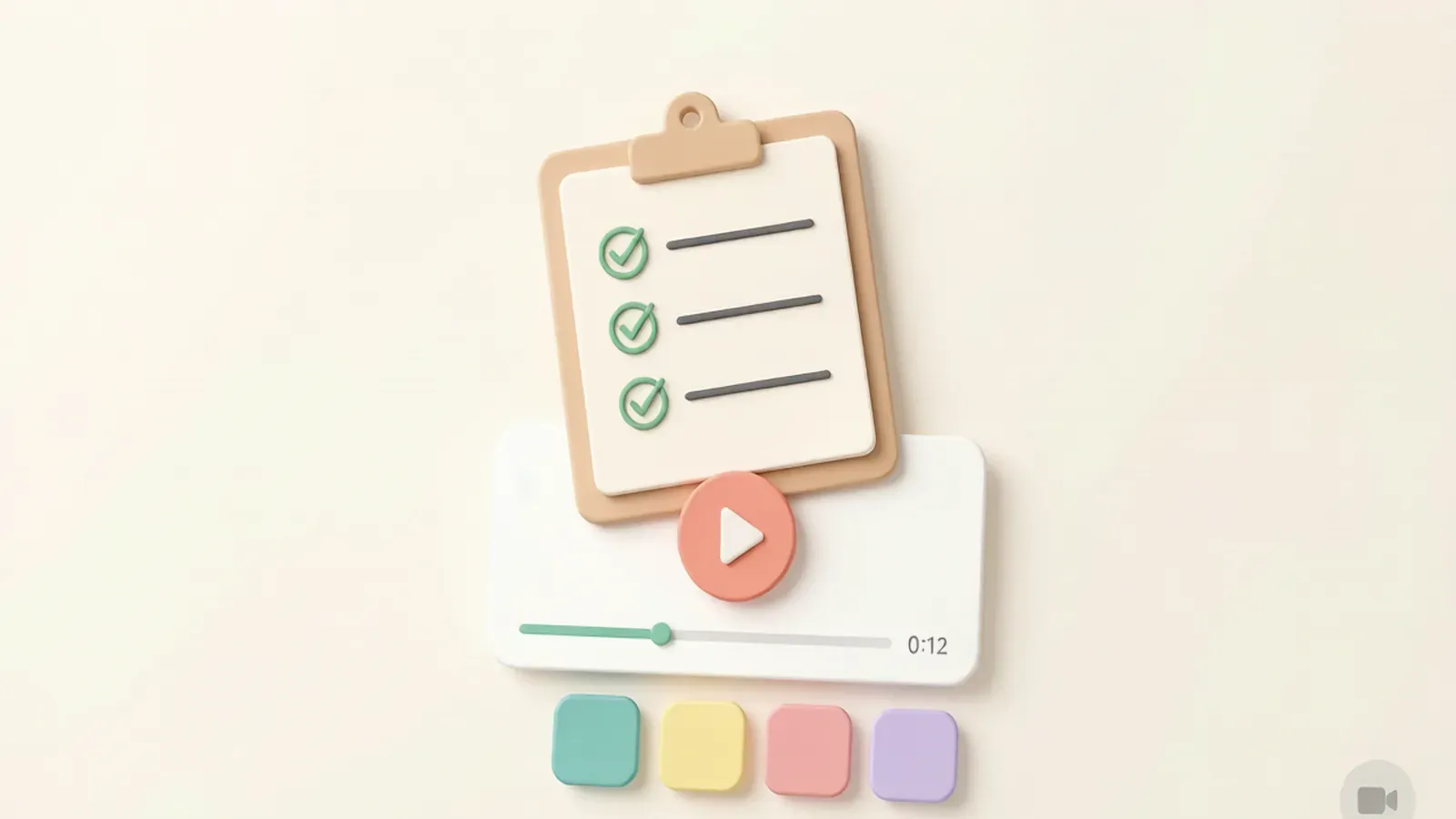 A quality checklist clipboard above a product video editing timeline with brand color swatches