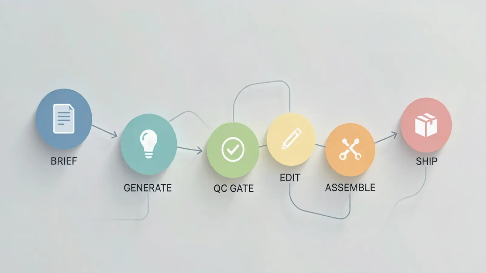Flat vector diagram of an AI-native creative pipeline loop with six connected stages