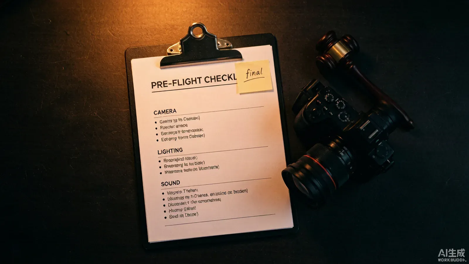 Overhead flat lay of a pre-flight checklist clipboard beside a cinema camera and a gavel.