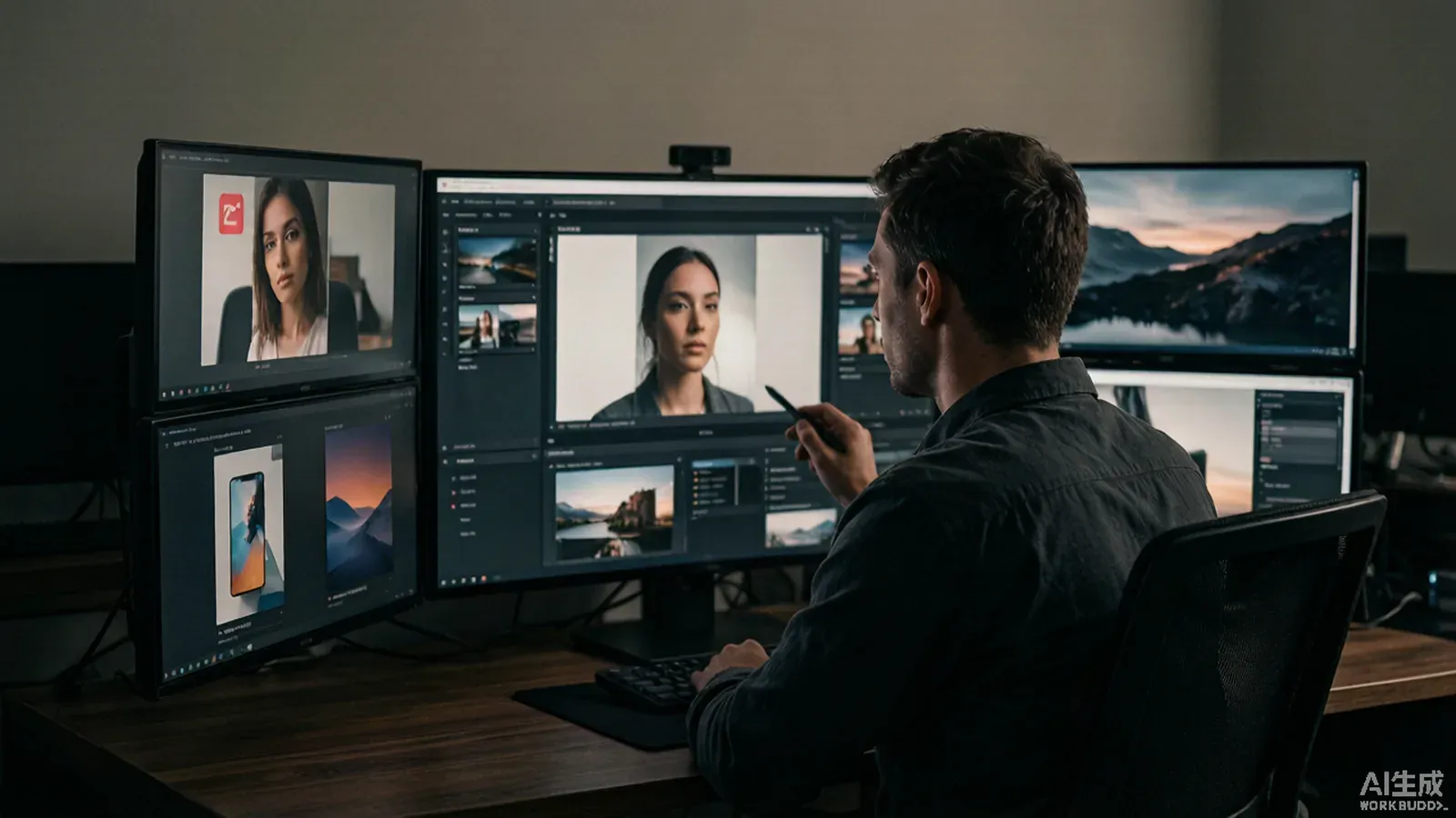 A producer overseeing multiple AI video renders on stacked screens showing different platform formats