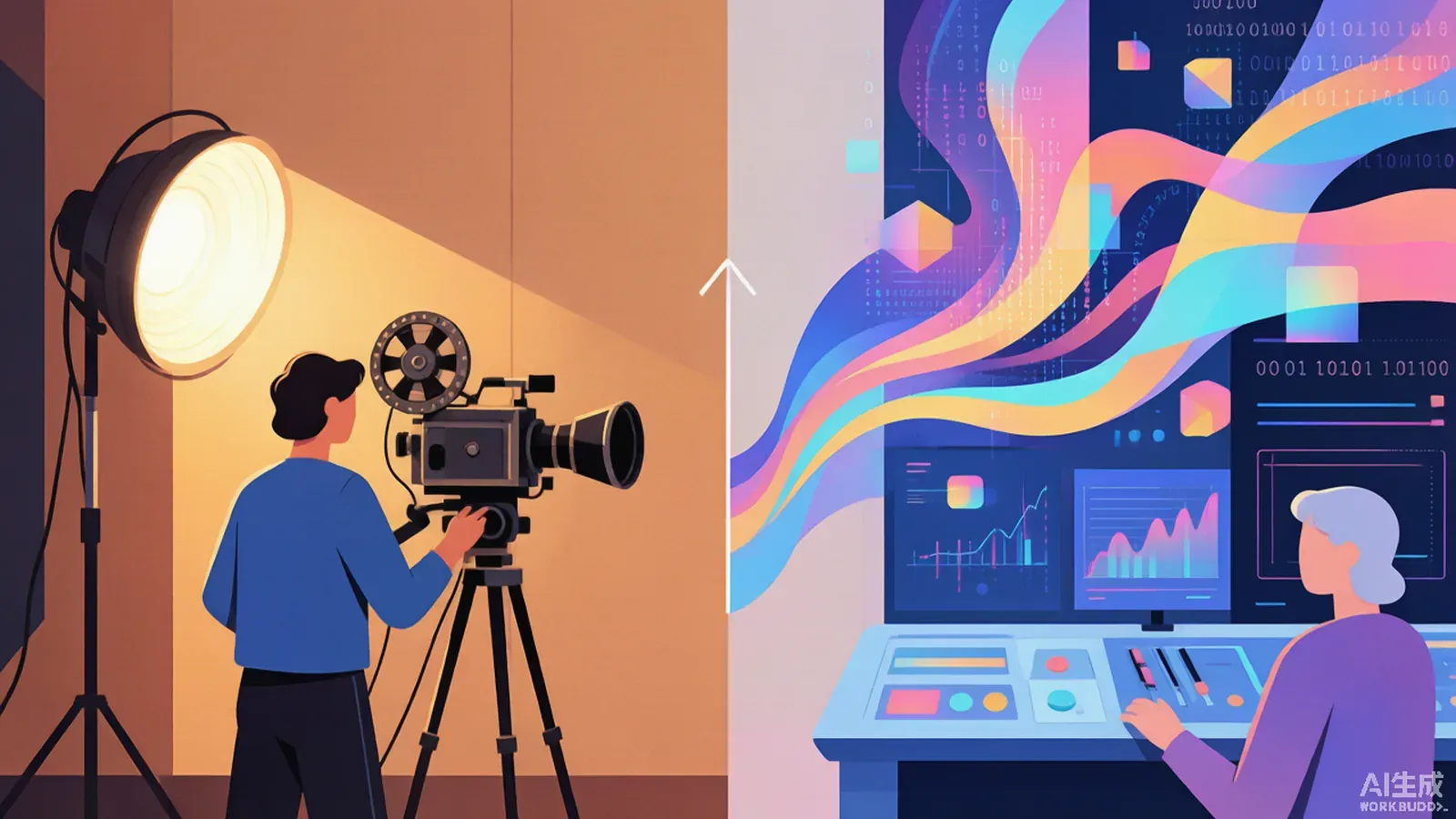 Illustration contrasting a traditional film set with a stylized AI generation interface.