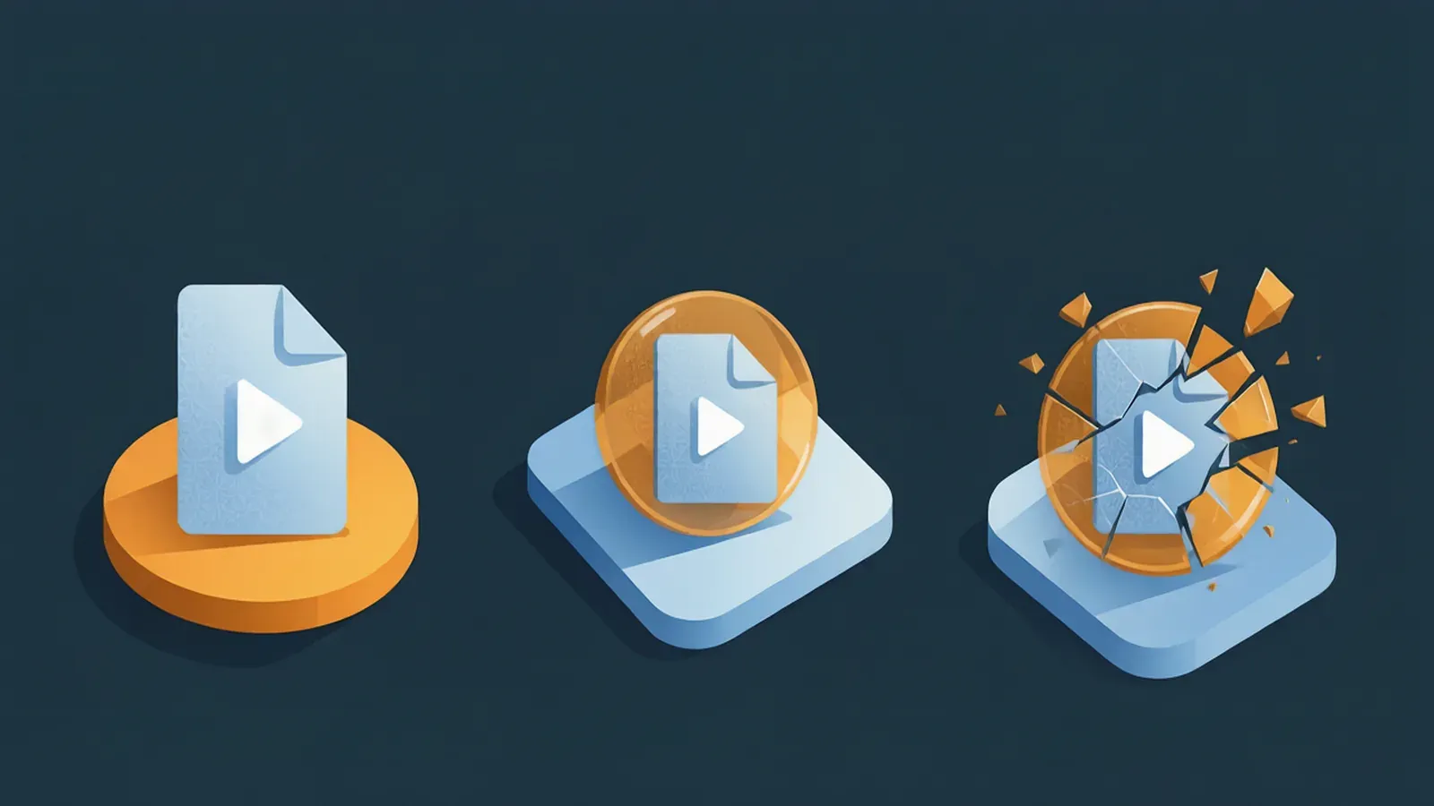 A video file moving through three stages with a circular seal breaking at the second stage and a faint pattern continuing throughout