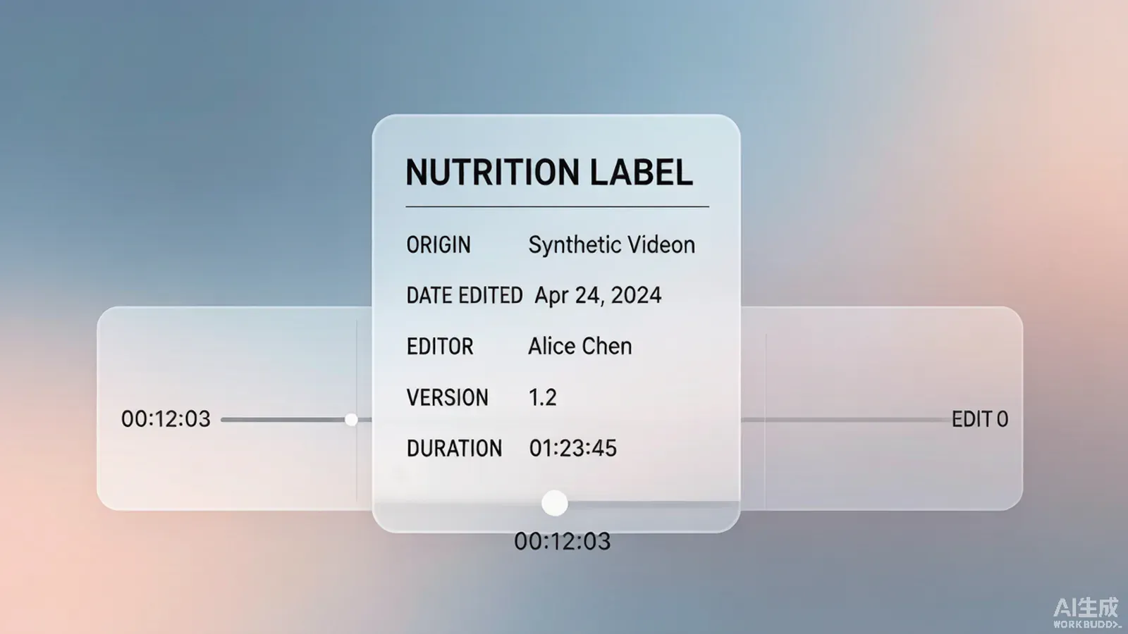 A content credentials label overlaying a synthetic video timeline to show its origin and edit history