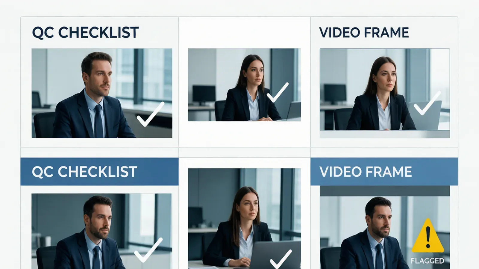 Flat vector of a QC checklist overlay marking generated video clips with ticks and warning flags