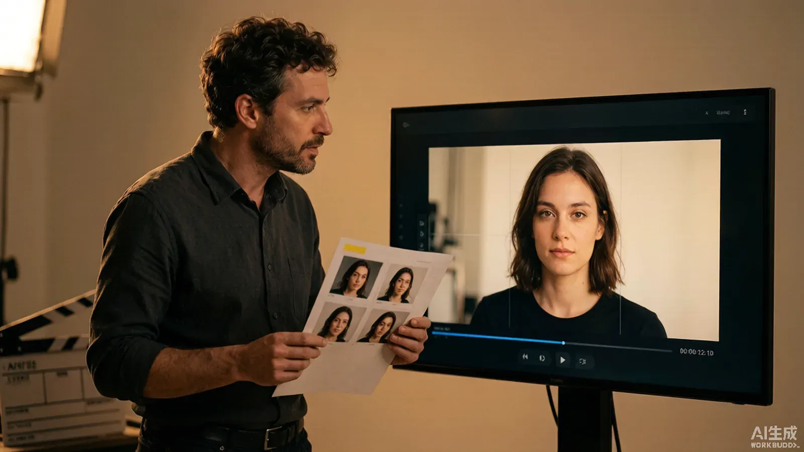 A film director holding a printed character reference next to a monitor showing a stable AI-generated face