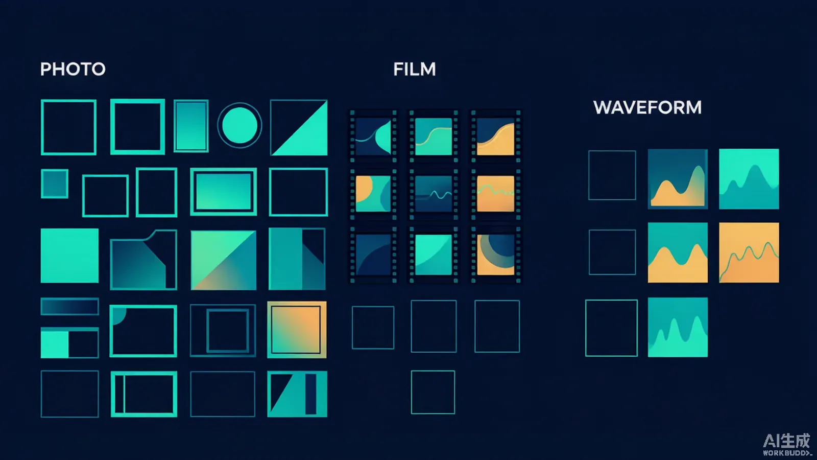 Three groups of reference tiles of unequal size - picture frames, film frames and audio waveforms - with a few empty slots left unfilled