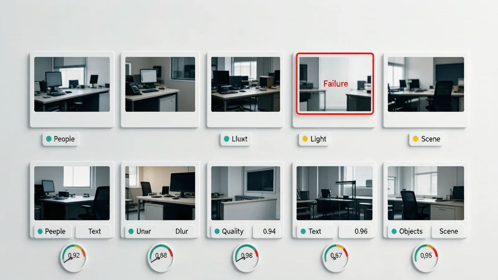 A dashboard grid of ten labelled test-shot thumbnails with score gauges, representing a fixed AI video regression set with one flagged failure case.