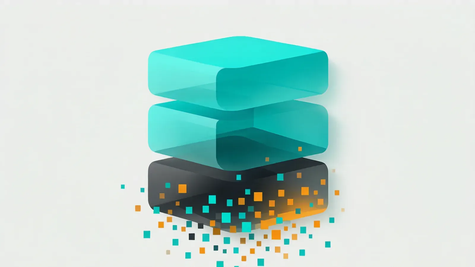 Three stacked translucent slabs, the top one densely filled, the middle half empty and the bottom dissolving into particles
