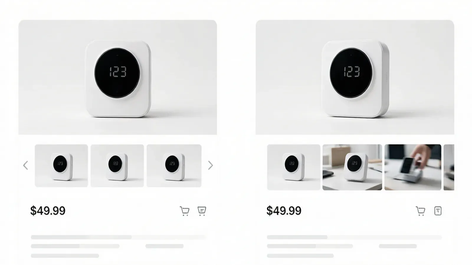 Side-by-side of a static product photo page and a product page with an autoplay video gallery