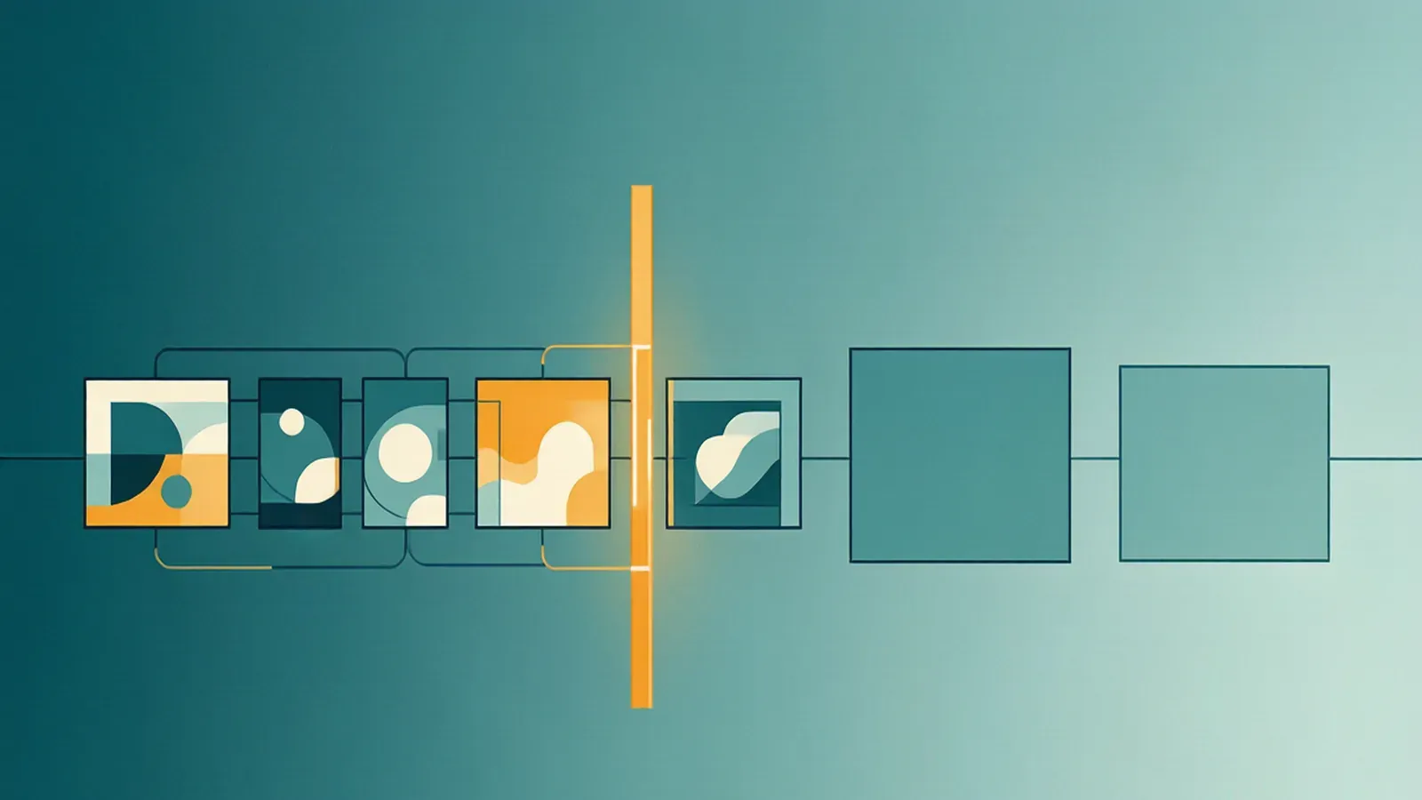 A row of storyboard frames passing through a single highlighted checkpoint before three later stage blocks